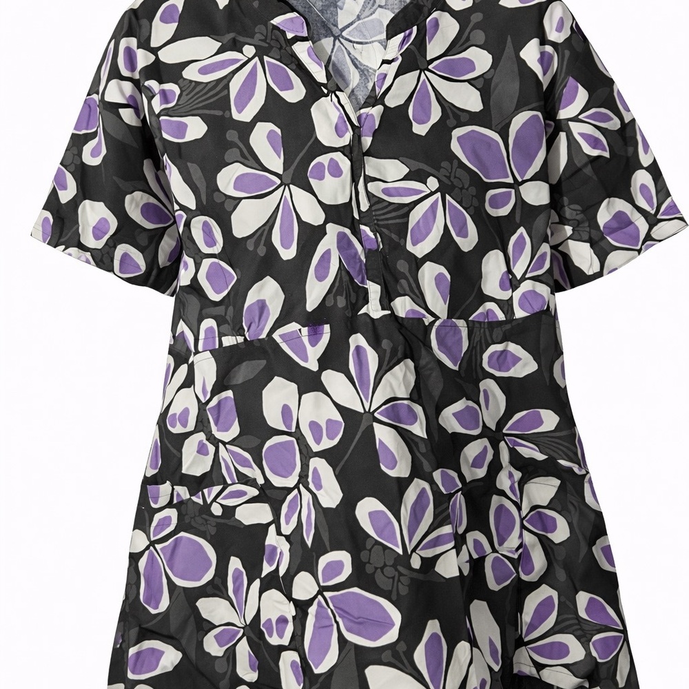 Chic Floral Women's Scrub Top- Black and Purple